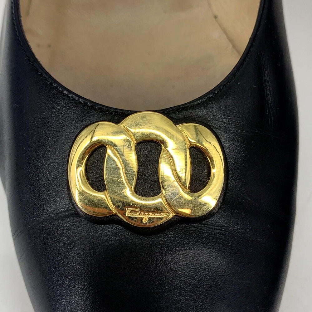 Salvatore Ferragamo Women Matita Black Leather Heel Gold Metal Logo Ring 10 B - Picture 8 of 16